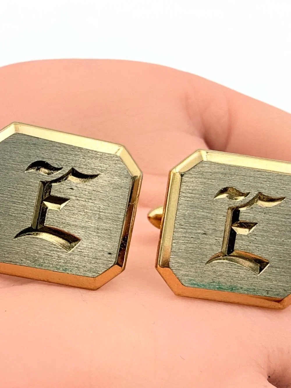 Swank Signed Gold Plated Monogram Old English E MCM Cufflinks